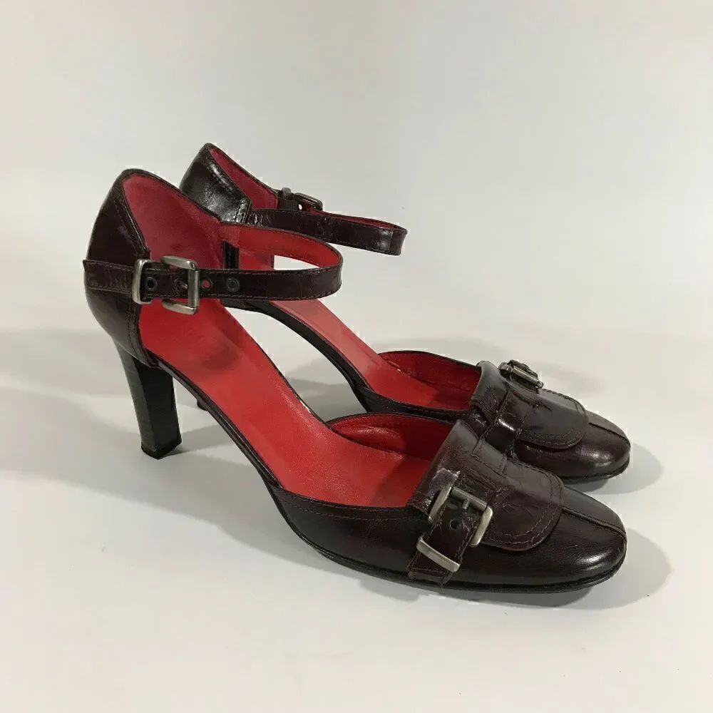 Juno Brown Leather Silver Buckle Heels